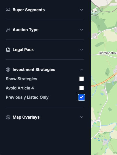 Map filter sidebar with Previously Listed Only checkbox enabled